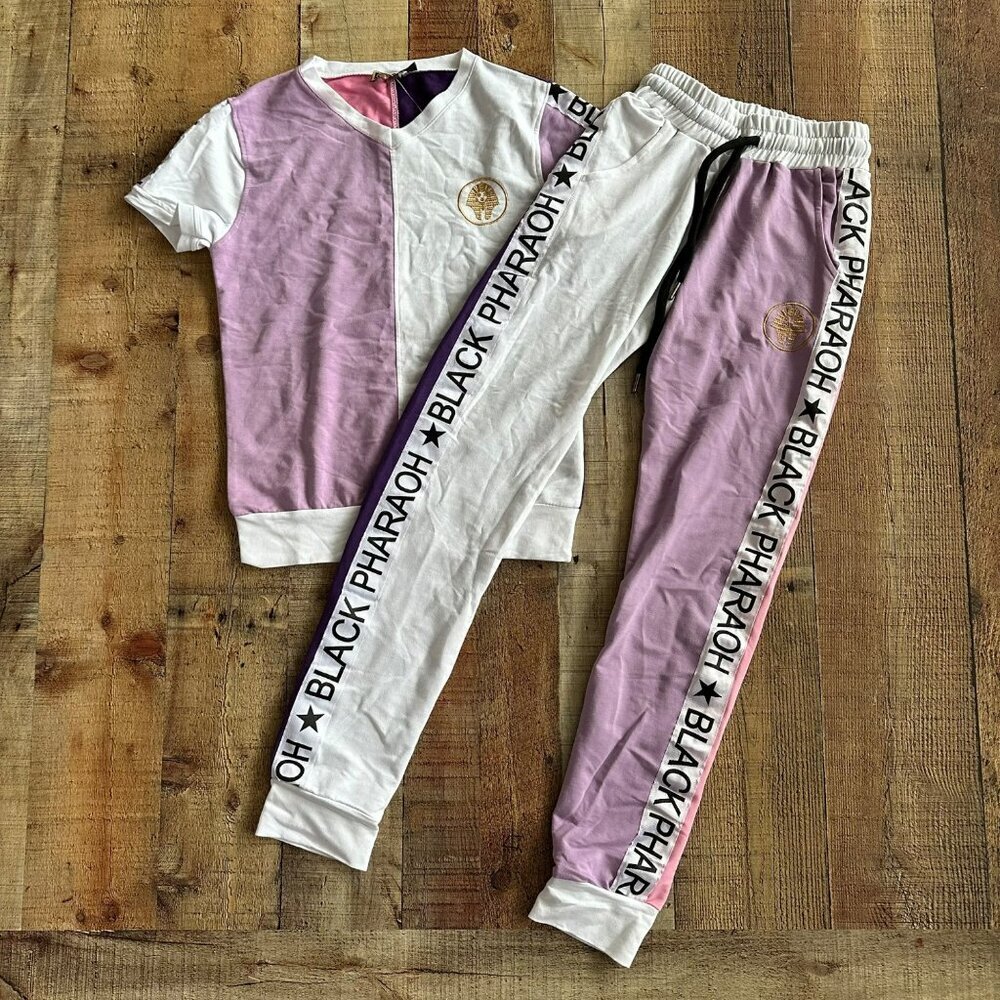 Black Pharaoh Womens Sweat suite set short sleeve top joggers pink purple -S